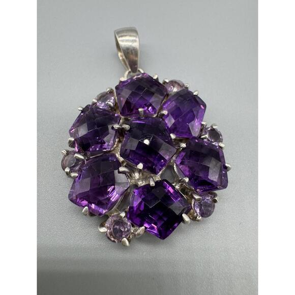 Vintage 925 Sterling Silver Real Amethyst Heavy Flower Pendant